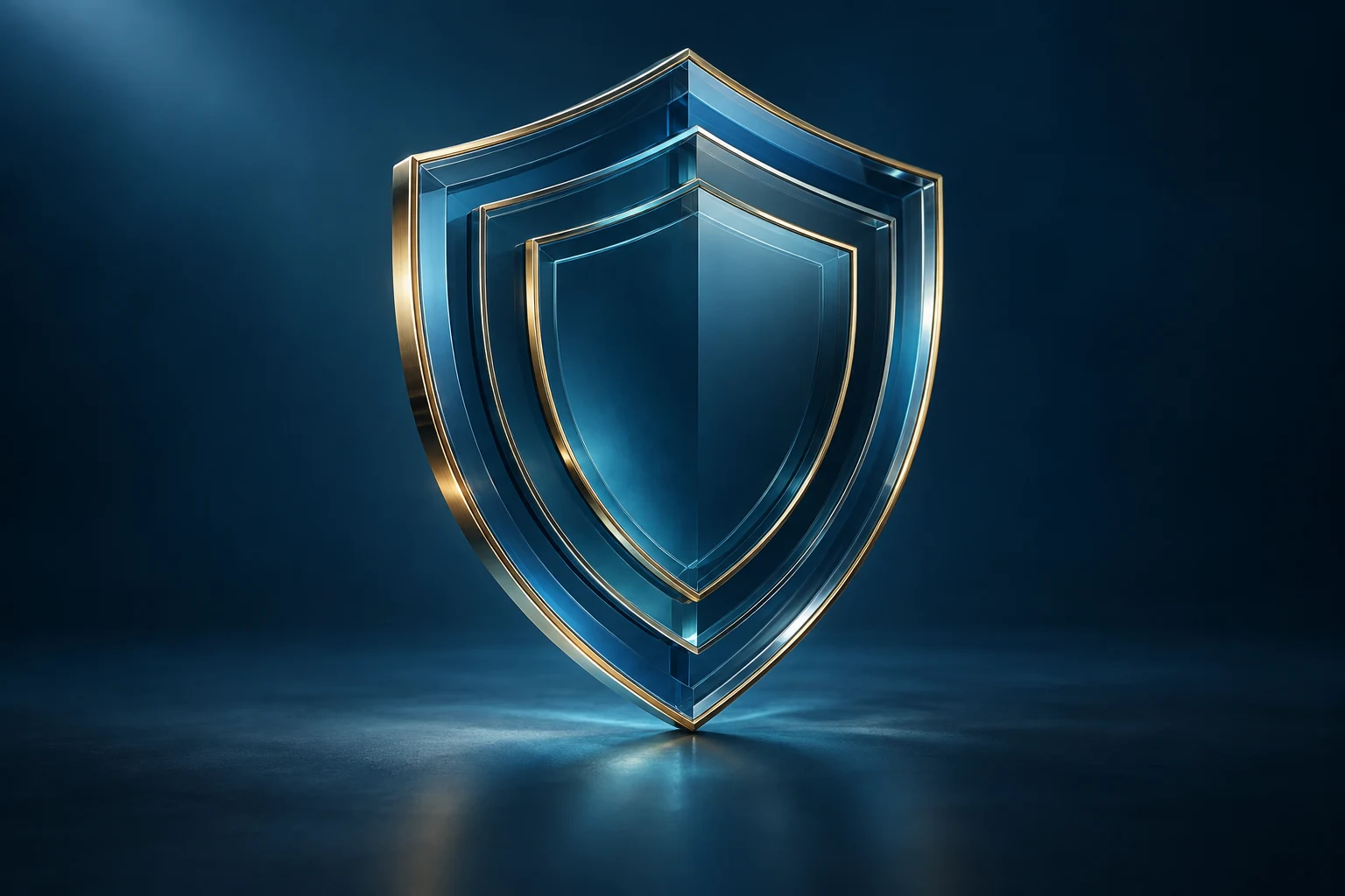 A layered petroleum-blue glass shield with brushed gold edges